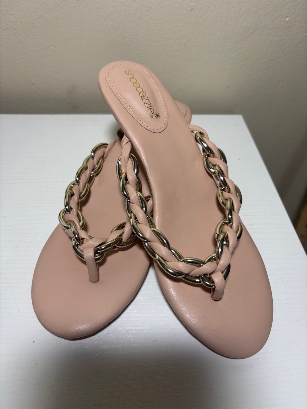 Shoe Dazzle Blush Pink Braided Chain Thong Sandals
